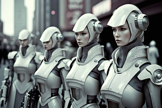 Generative AI illustration of female cyborgs standing together in row and looking away in modern futuristic city against blurred buildings