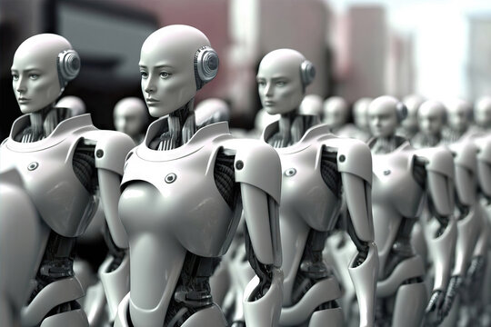 Generative AI illustration of female cyborgs standing together in row and looking away in modern futuristic city against blurred buildings