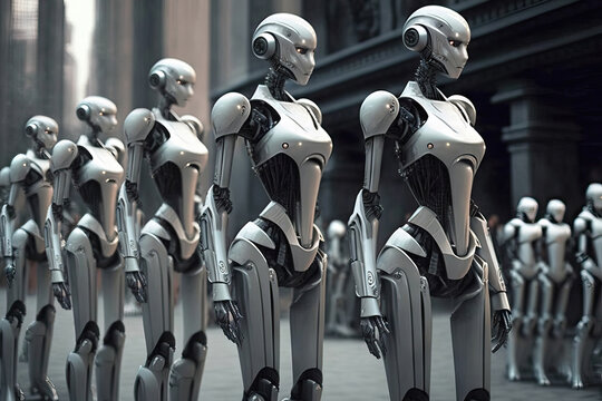 Generative AI illustration of female cyborgs standing together in row and looking away in modern futuristic city against blurred buildings