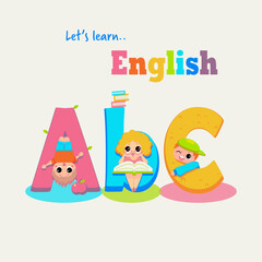 Illustration for english book for children with kids on big letters ABC studying “Let’s learn English”