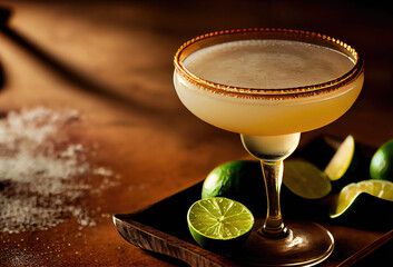 Generative AI illustration of transparent glass with refreshing and delicious aperitif cocktail decorated with green lime slice 