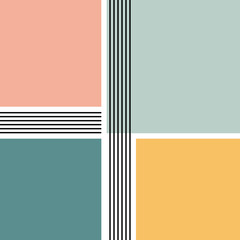 Colorful geometric illustration with vertical and horizontal black and white stripes and rectangles decoration in pink, orange, blue and turquoise colors