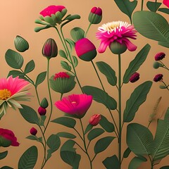 Flowers on a cream colored background. fuchsia, green, white and yellow flowers