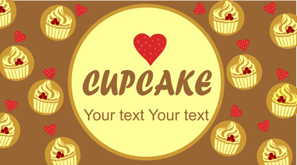 Business card for a pastry chef - cupcakes. Cupcakes with hearts on a brown background. Vector.