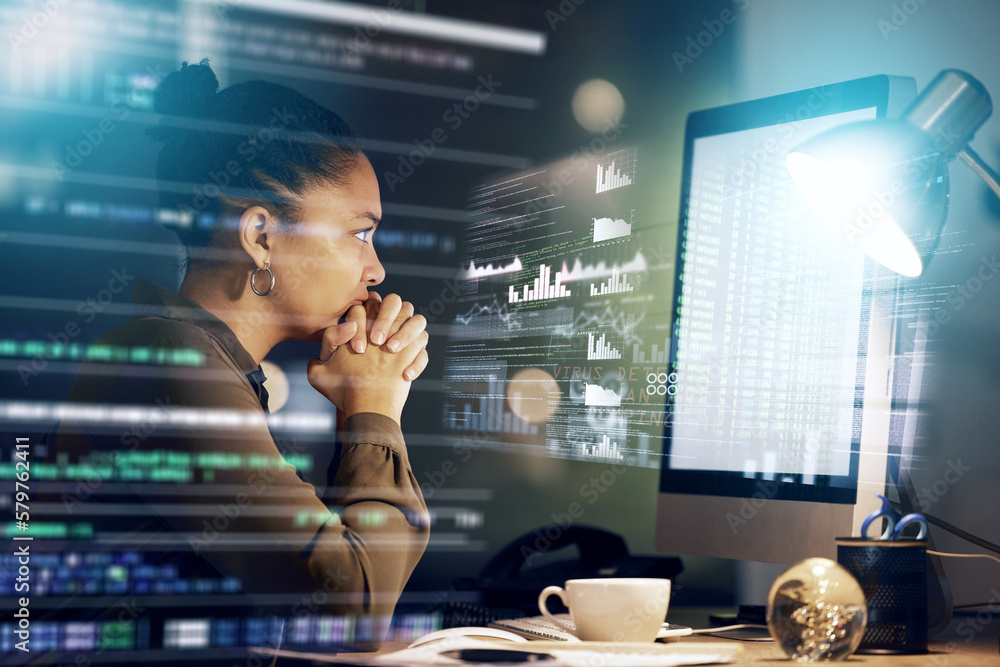 Aufkleber computer stress, woman with hologram data and reading future fintech insight, administration chart o