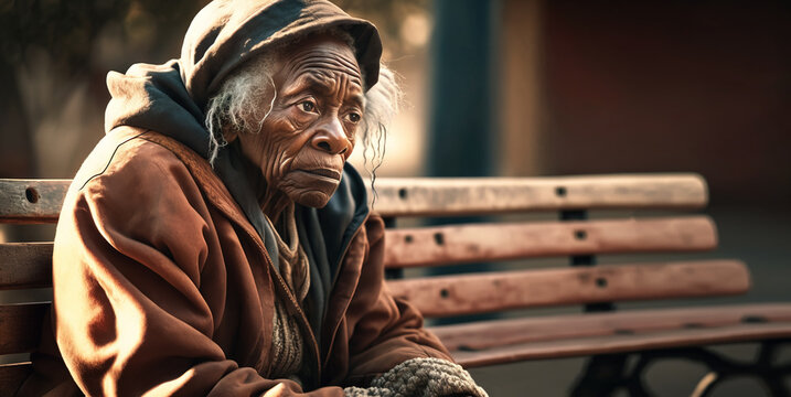 Homeless dark skin woman sitting on a bench alone.  Image created with generated ai, not a real person