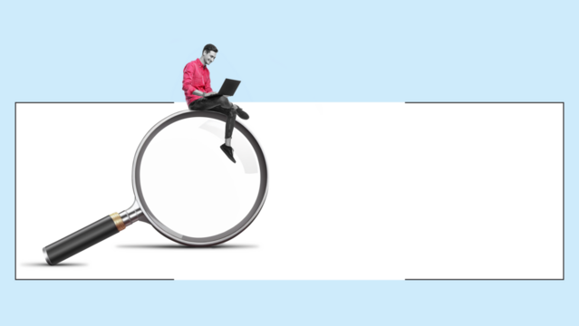 A man with a laptop is sitting on a big magnifying glass. Art collage. Searching for information on the internet concept with free isolaited search box as PNG. - Powered by Adobe