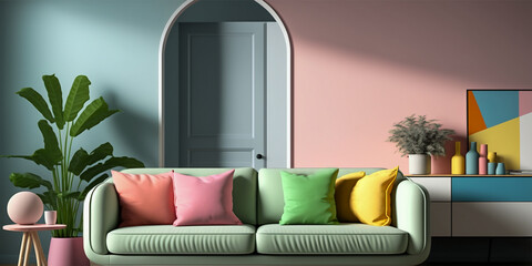 Pastel colored living room with warm sunlight shines into the room. Minimalism interior design 3D render. Generative AI.