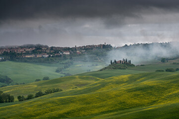 view of the green hills of Tuscany, Val D'orcia valley.
