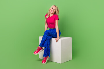 Full body portrait of pretty cheerful lady sit podium toothy smile isolated on green color background