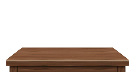 Wood table perspective view, wooden surface of desk, kitchen top made of brown timber board. Realistic 3d file PNG.