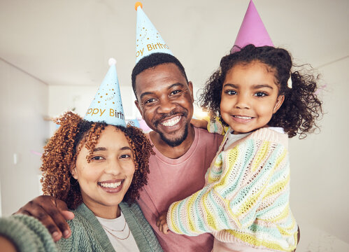 Black family, selfie smile and birthday portrait in home and having fun at party celebration. Interracial, love and father, mother and child or girl taking pictures for happy memory and social media.