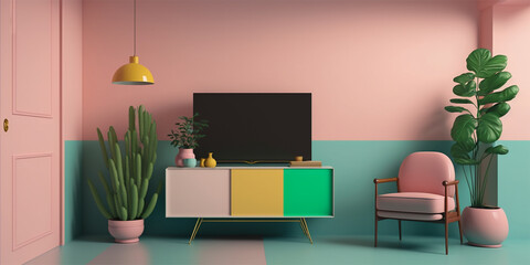 TV cabinet and modern minimal interior design on empty pastel wall background. Generative AI.