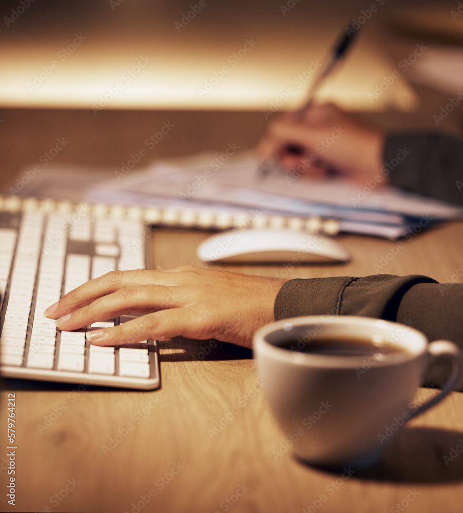 Poster computer keyboard, hands or office woman writing online summary, notebook report or customer experie