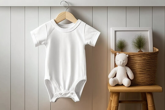 White baby short sleeve bodysuit mockup in minimal interior. Blank gender neutral newborn bodysuit mock up template. AI generated image.