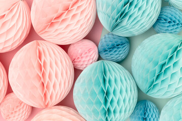 Tissue paper balls in a pink and blue colors. Gender reveal party concept. Creative festive background.