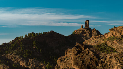 Panoramic View of Roque Nublo Volcanic Crag on top of Rocky Mountains in Gran Canaria, Spain