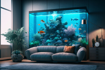 A living room filled with furniture and a large aquarium, Generative AI