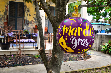 balloon hanging from tree during Mardi Gras in the city