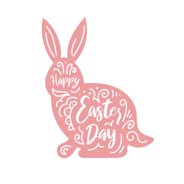 Happy easter. Vintage lettering inscribed in the Silhouette of a pink rabbit. Ethnic floral patterns. For stickers, posters, postcards, design elements