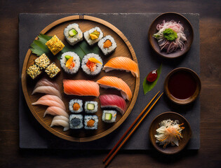 beautifully arranged sushi platter, with each roll topped with a different type of raw material