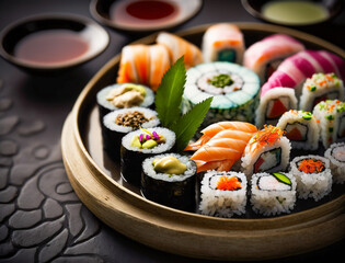beautifully arranged sushi platter, with each roll topped with a different type of raw material