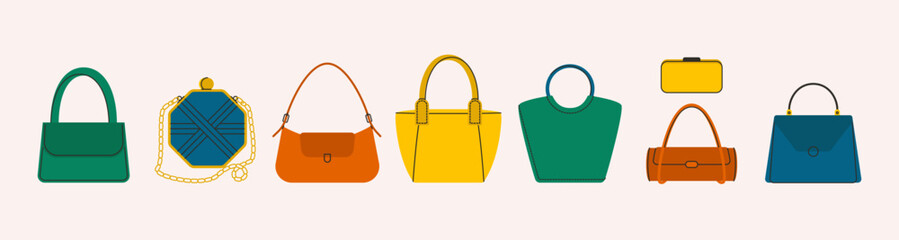 Woman bags. Fashion handbag tote cross body clutch purse, cartoon leather stylish female accessories. Vector flat set - obrazy, fototapety, plakaty