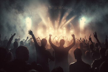 Fototapeta na wymiar A crowd of people at a concert, crowd of people dancing on dancefloor, Generative AI