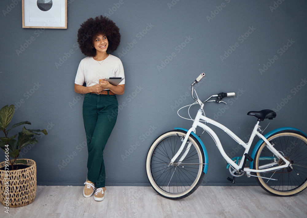 Canvas Prints woman, bicycle and tablet for advertising vision mock up on social media. Black girl, happy and digital networking online or digital marketing for bike ad placement on 5g web mobile app on ipad