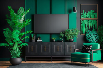 TV cabinet with green and black modern minimal interior design. Minimalist interior 3D render. Generative AI.