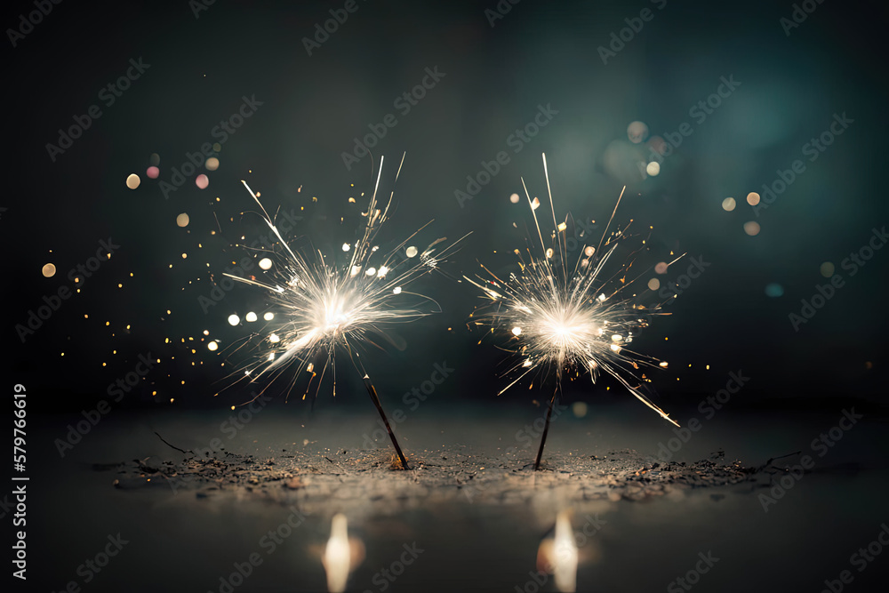 Poster two sparklers in an obscure background with lots of copy space, perfect for backgrounds