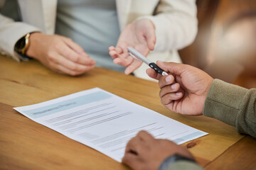 Business, hands and contract with pen for signature, recruitment or hiring form on office desk....