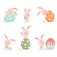 Happy Easter greeting card with cute white bunny and eggs. Rabbit character set.
