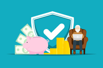 Money insurance protection concept, Senior man sit single sofa typing laptop with shield, piggy bank, coin, banknote on isolated background, Digital marketing illustration.