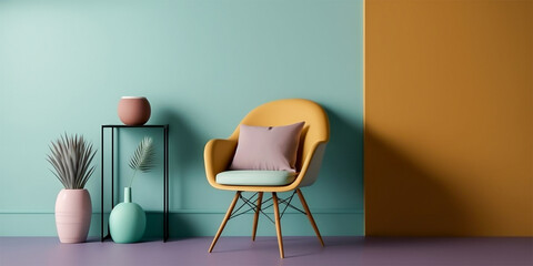 Modern wooden living room armchair on empty pastel colored wall background. Minimalist interior design. Generative AI.