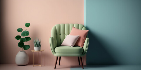Modern wooden living room armchair on empty pastel colored wall background. Minimalist interior design. Generative AI.