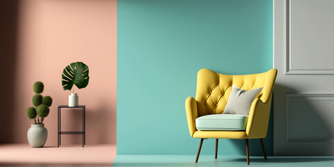 Modern wooden living room armchair on empty pastel colored wall background. Minimalist interior design. Generative AI.