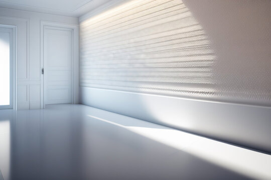 Beautiful light empty wall in a room with a perspective. Minimalistic interior background for presentation. AI generated.