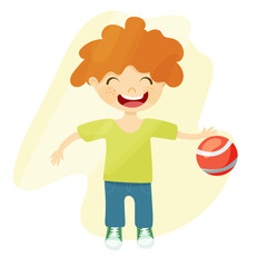 vector red boy playing ball. Happy child playing with ball vector cartoon illustration.