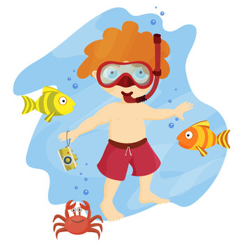Boy underwater with sea fish snorkeling and photographing the underwater world. Vector boy ilustration in cartoon style.