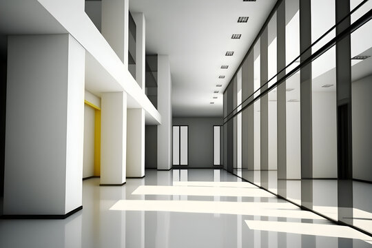 Interior of minimalistic hall in office building or hospital in grey, white and black colors with details in trendy yellow color. Modern building hall interior filled with sunlight. Generative AI