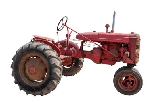 tracteur agricole ancien de couleur rouge sur fond transparent