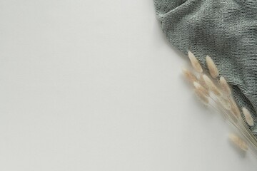 Aesthetic still life flat lay image, cozy feminine background with space for text or product, bunny...