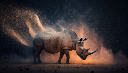 Extinction concept of rhino fading away in the stars