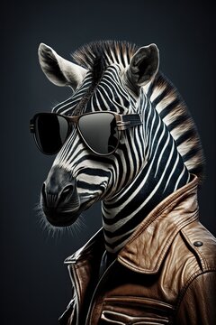 Portrait of a Cool Zebra in a Leather Jacket and Sunglasses (Generative AI)