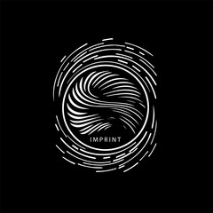 Minimalistic logo template, white icon of fingerprint silhouette on black background, modern logotype concept for business identity, t-shirts print, tattoo. Vector illustration