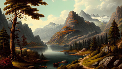 River - tree_and mountain Ai generated image