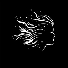 Minimalistic logo template, white icon of woman hairstyle silhouette on black background, modern logotype concept for business identity, t-shirts print, tattoo. Vector illustration
