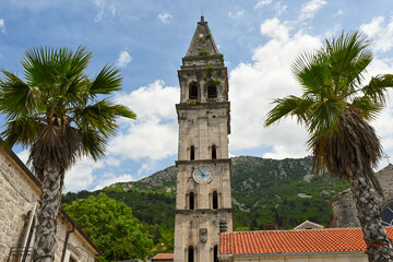 The beautiful church of St. Nicholas with a tall belfry. Perast, Montenegro