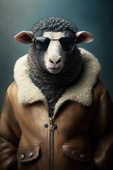 Portrait of a Cool Sheep in a Leather Jacket and Sunglasses with Space for Copy (Generative AI)